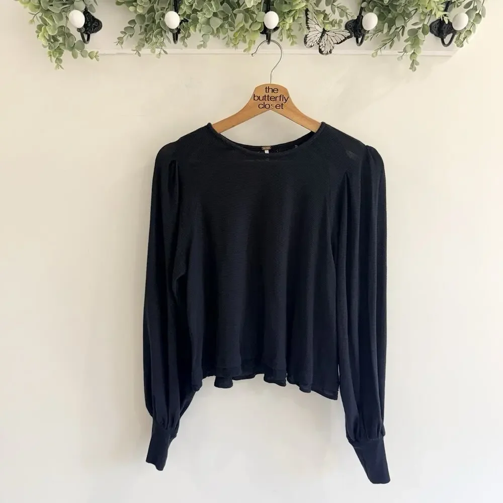 Free People Black Long Sleeve Puff bishop Sleeves Blouse Textured Back Size S